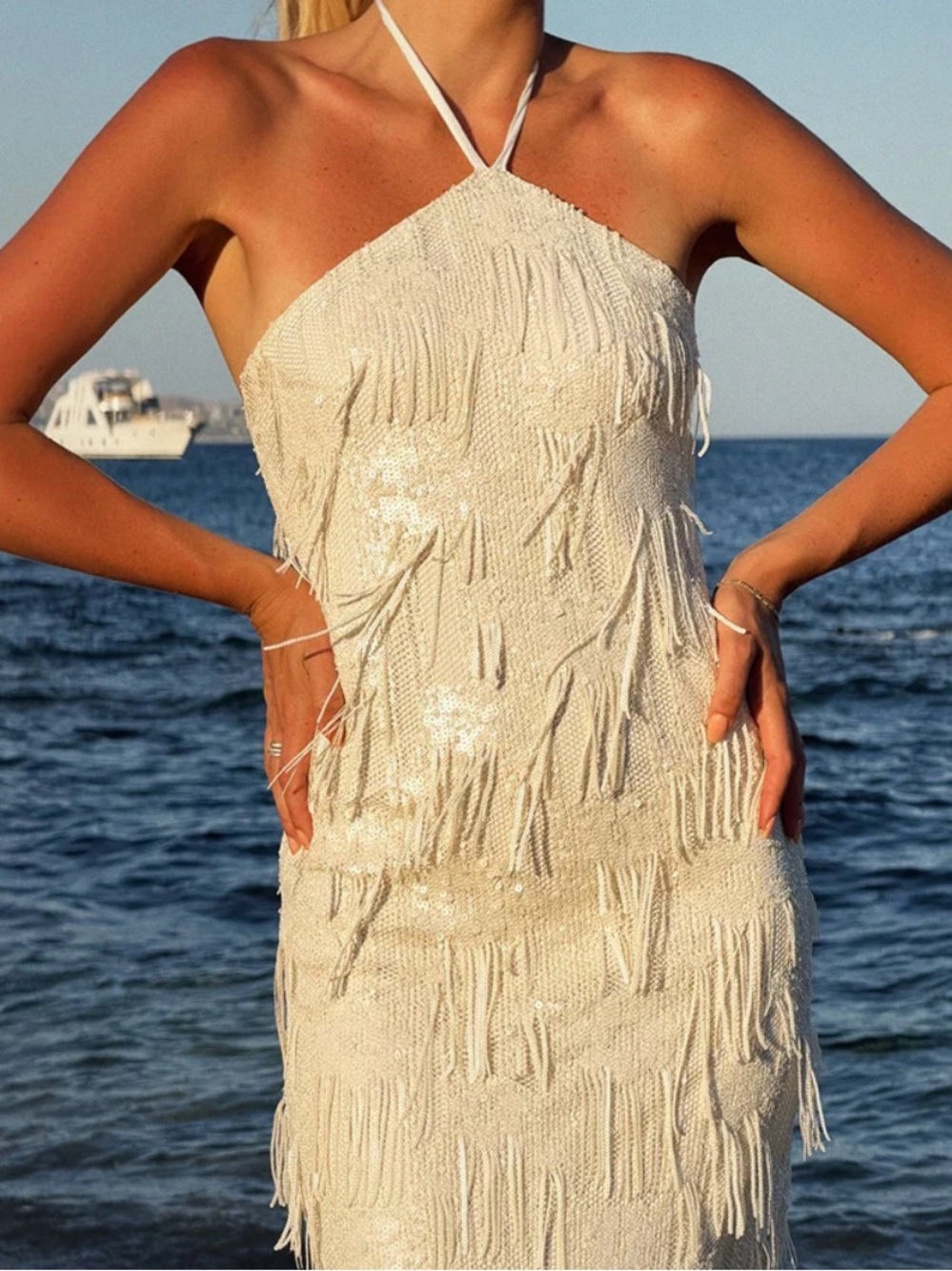 Show Me Your Mumu Julianna Sequin Embellished Fringe Bridal Beach Maxi Dress